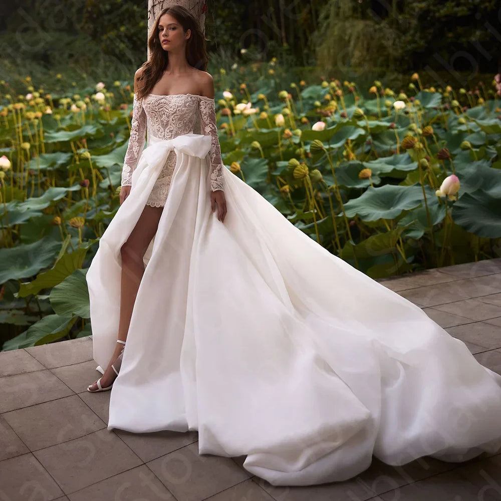 Customized Gorgeous Wedding Dresses Two Pieces Bridal Gowns Off Shoulder Sleeve Lace Gown with Skirt