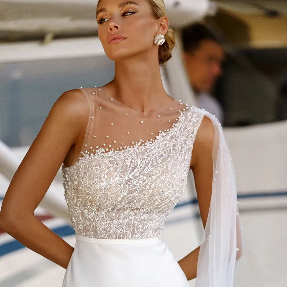 Bright Chiffon Women Wedding Dresses Lace Printing Bridal Gowns Sleeveless Customized
