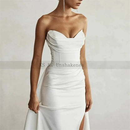 Chic White Satin Mermaid Wedding Dresses with Long Train