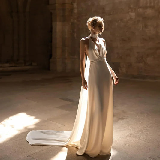 Halter Satin Sleeveless Deep V-Neck Wedding Dress Sexy Mermaid Backless Wedding Gown for Bridal