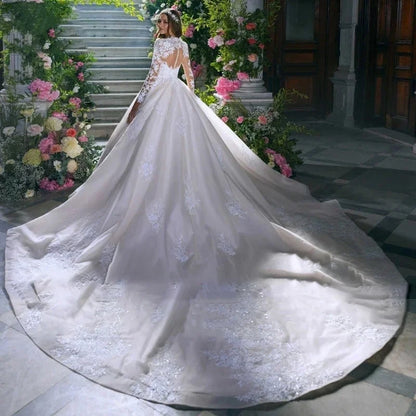 A Line High Neck Wedding Dress Long Sleeve Appliques Lace Beads