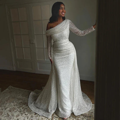 Eightree Elegant Mermaid Wedding Dresses Long Sleeve Glitter Sequins Bridal Dress Evening Gowns Customized