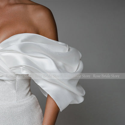 Short Wedding Dress for Bride Off the Shoulder Mini Gown Sheath Backless Glitter Bridal Dress