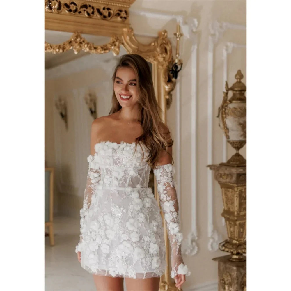 Customized Beaded Mini 3D Flower Wedding Dress Off Shoulder Detachable Sleeves Lace-Up Back Bridal Gown