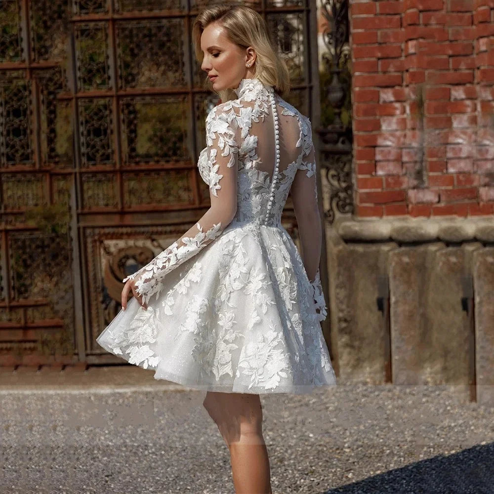 Short Wedding Dresses Lace Tulle Strapless A Line Bride Gown