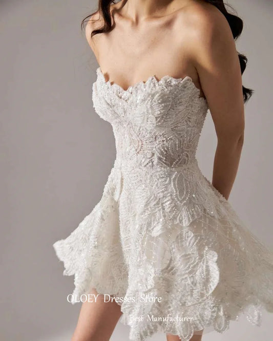 OLOEY Exquisite Mini Lace Short Wedding Dresses Bridal Dress Sweetheart Luxury Delicate Women Robes