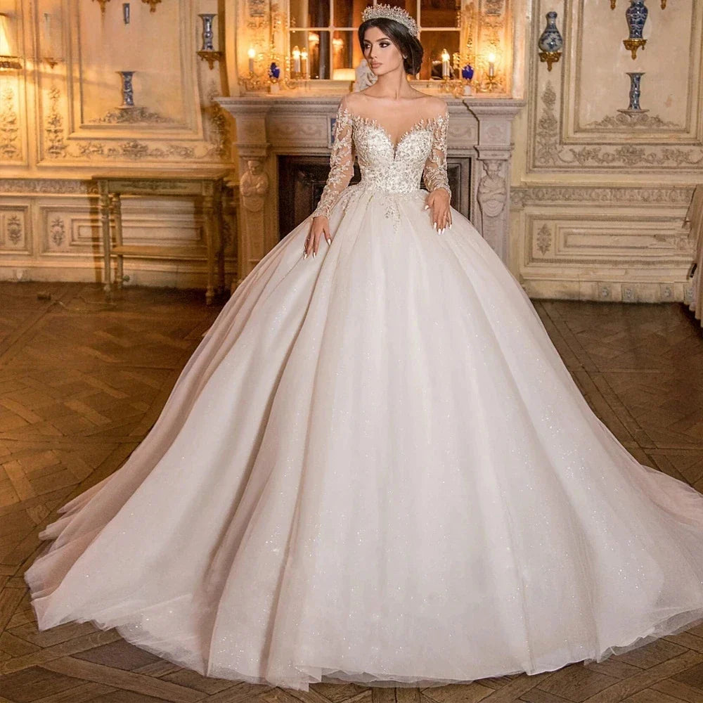 Exquisite Wedding Dresses Sheer Neck Lace Beaded Applique Long Sleeve Gowns Customized