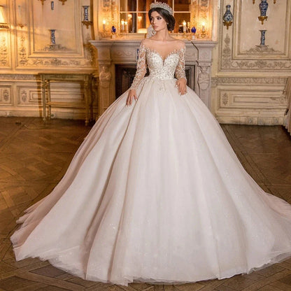 Exquisite Wedding Dresses Sheer Neck Lace Beaded Applique Long Sleeve Gowns Customized