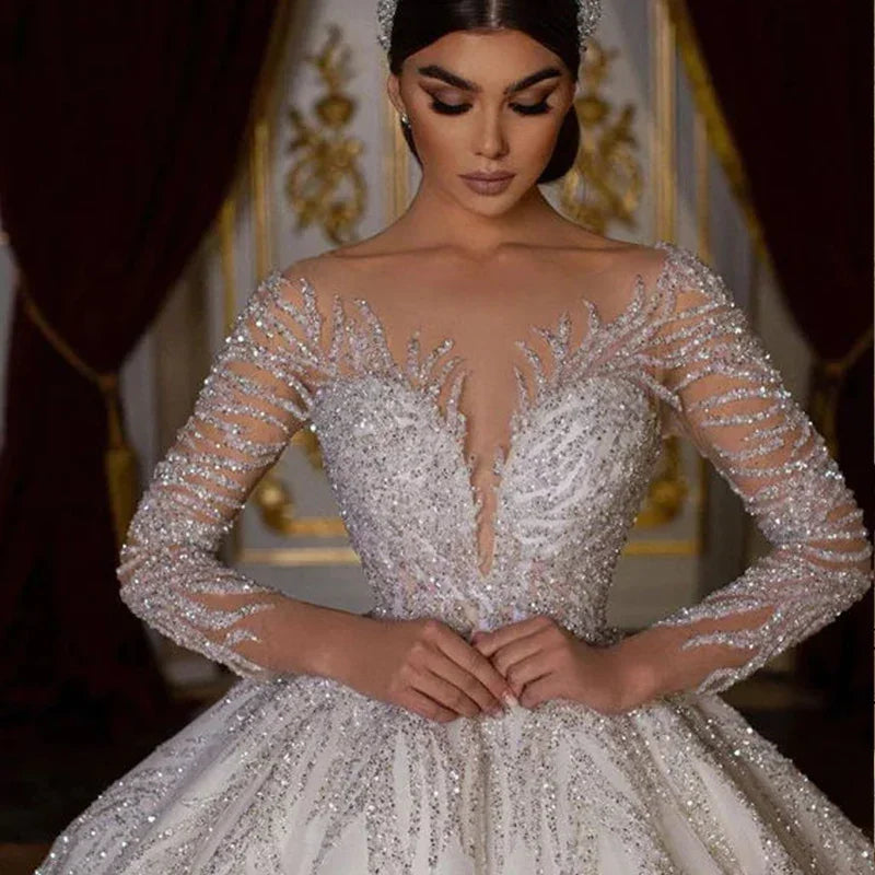 Customized Romantic Ball Gown Wedding Dress Luxury O-neck Beading Bridal Gown