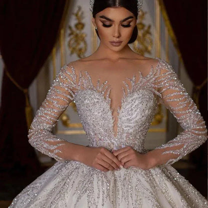 Customized Romantic Ball Gown Wedding Dress Luxury O-neck Beading Bridal Gown