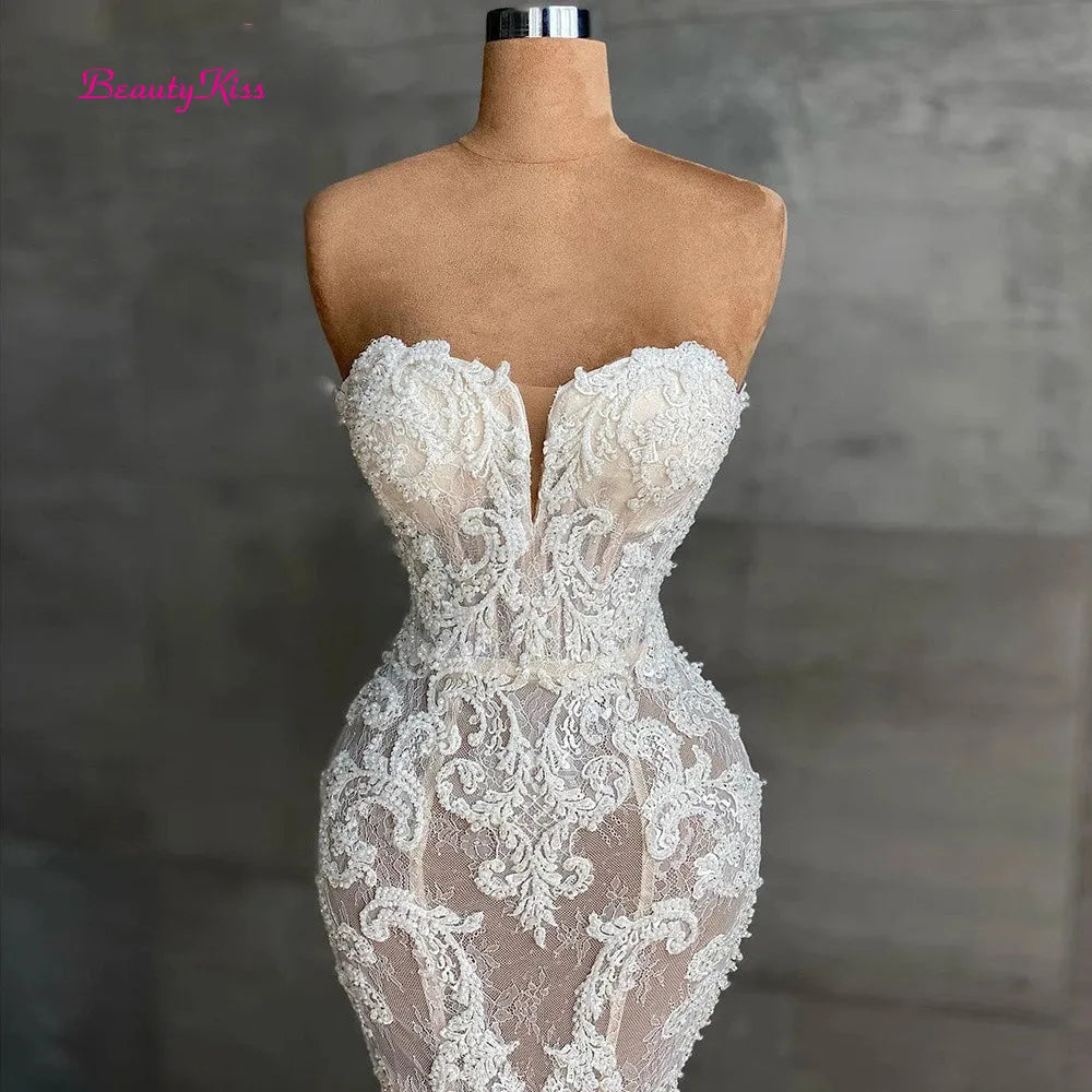 Mermaid Lace Wedding Dress Luxury Crystals Beaded Bridal Gown