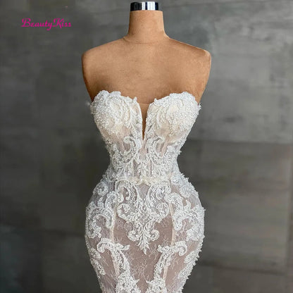 Mermaid Lace Wedding Dress Luxury Crystals Beaded Bridal Gown