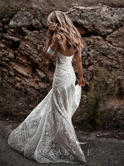 Boho Lace Mermaid Wedding Dresses With Removable Sleeve Gown