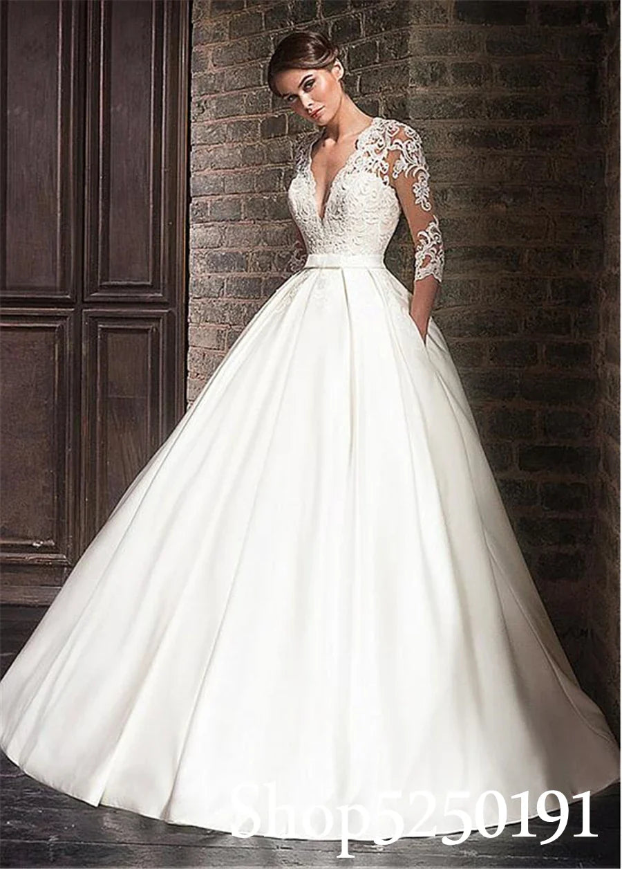 Arabic Women Wedding Gowns Luxury V-neck Satin Lace Dress