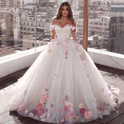3D Flower Ball Gown Princess Wedding Dresses Sweetheart Off Shoulder Plus Size Bridal Gown