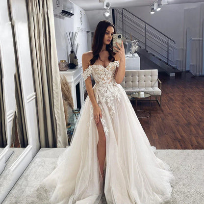Customized ZJ9297 Vintage Beach Off The Shoulder Slip Tulle Wedding Dress