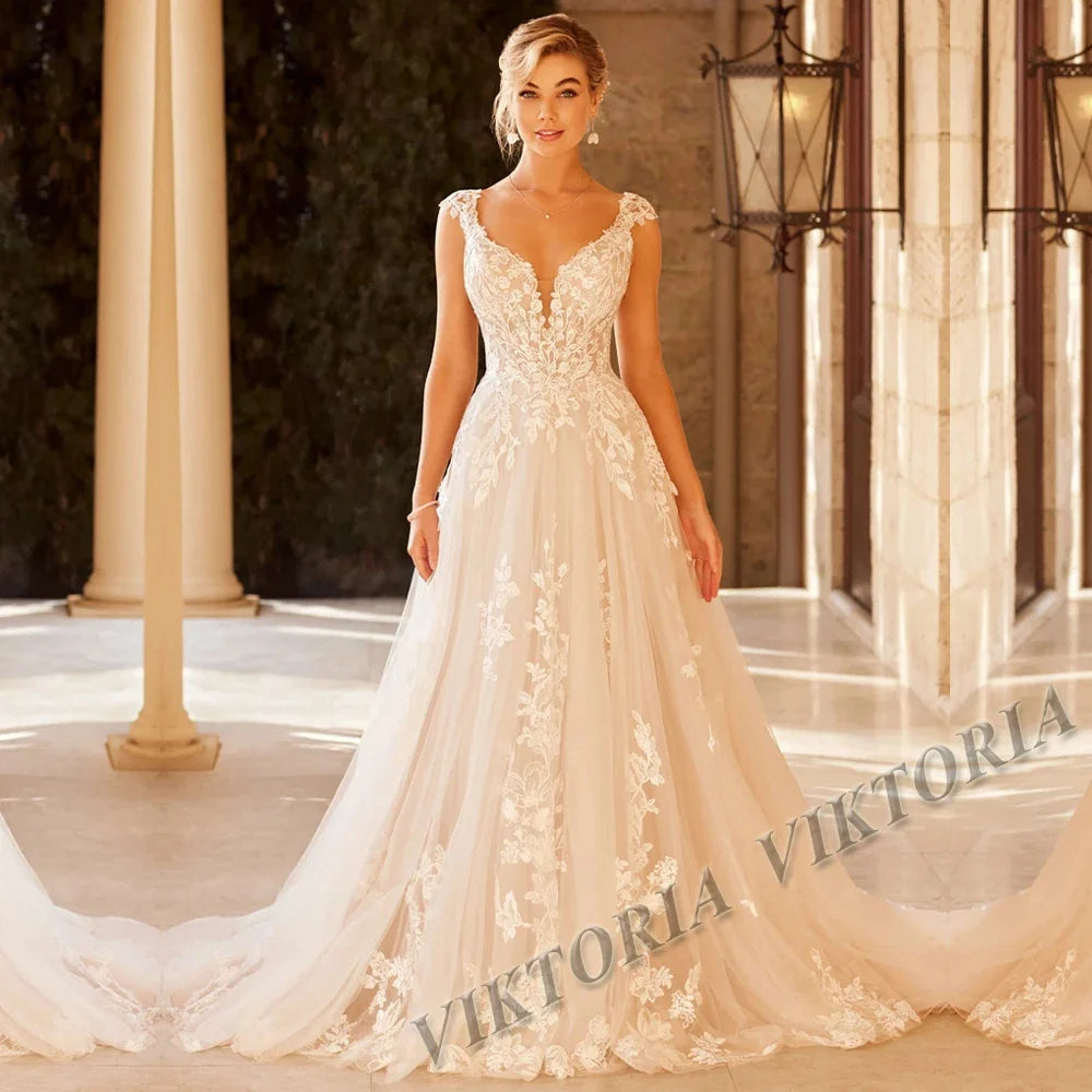 VIKTORIA Vintage Backless Wedding Dresses For Woman Spaghetti Straps Lace Appliques