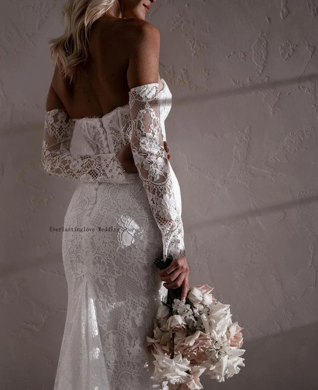 Charming Removable Sleeves Sweetheart Full Lace Mermaid Wedding Dress Sweep Train Bridal Gown