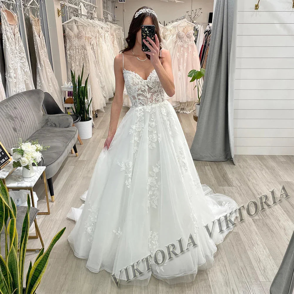 VIKTORIA Vintage Backless Wedding Dresses For Woman Spaghetti Straps Lace Appliques