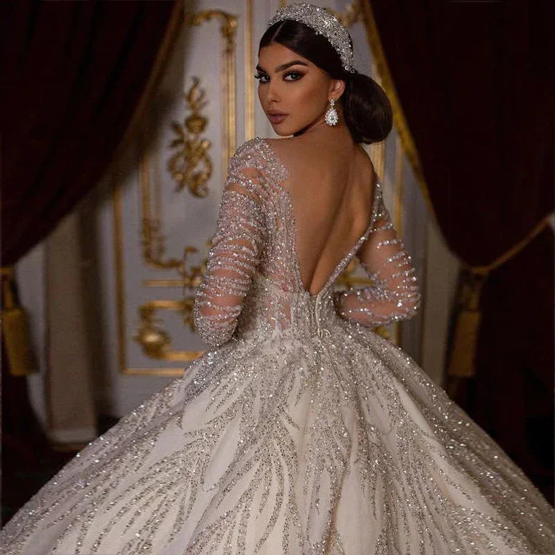 Customized Romantic Ball Gown Wedding Dress Luxury O-neck Beading Bridal Gown