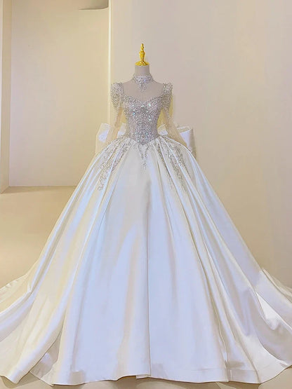 Sweet Square Collar Satin Wedding Dress Plus Size Ball Gown