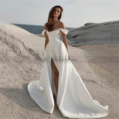 Simple Civil Wedding Dresses Off the Shoulder Sleeveless Dress