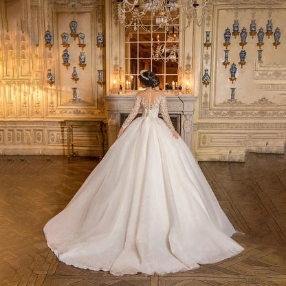 Exquisite Wedding Dresses Sheer Neck Lace Beaded Applique Long Sleeve Gowns Customized