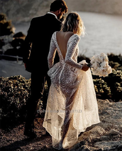 Mordern V- Neck Sequins Wedding Dresses Long Sleeves Gowns