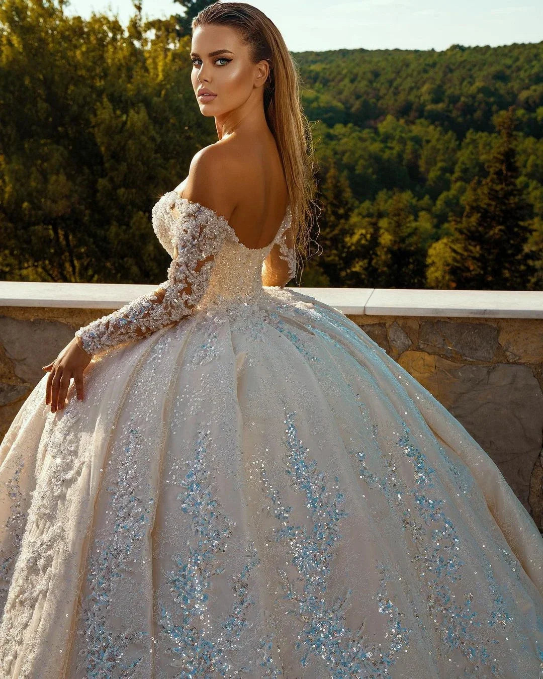 Customized V-Neck Wedding Dresses Off The Shoulder Applique Sequins Lace Princess Ball Gown