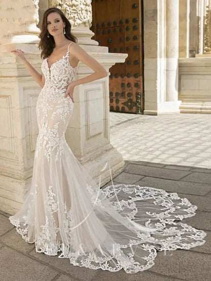Wedding Dress With Chapel Train Backless Party Dresses Customized Spaghetti Straps Deep V-Neck Gowns