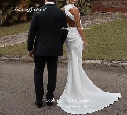 Customized Satin O-Neck Sleeveless Mermaid Wedding Dress with Side Slit Backless Bridal Gown