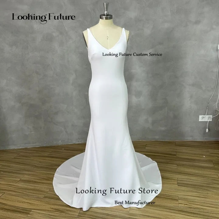 Sexy Mermaid Wedding Dress V-Neck Open Back Beach Gown