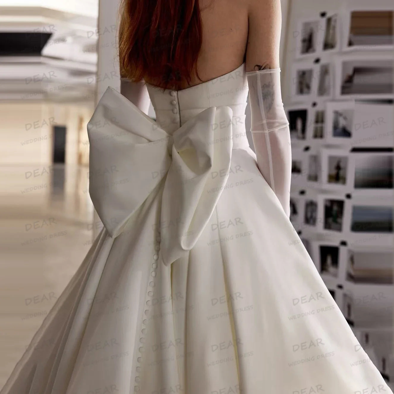 Graceful Simple Strapless A Line Wedding Dress Sleeveless Backless Bridal Gown with Bow
