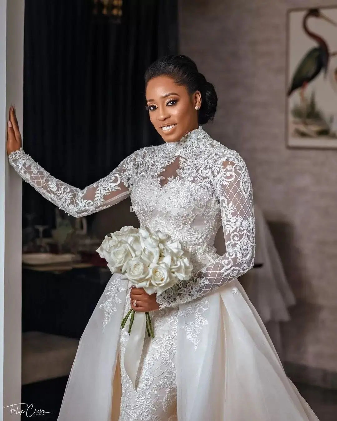Sexy Lace Mermaid Wedding Dresses Beaded High Neck Gowns
