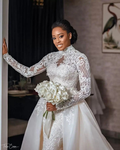 Sexy Lace Mermaid Wedding Dresses Beaded High Neck Gowns