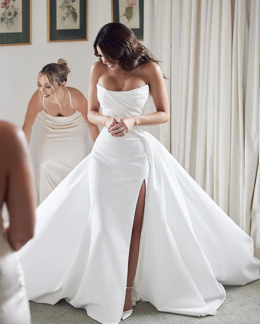 Sexy Satin Wedding Dresses With Train Sweetheart Slit Gowns