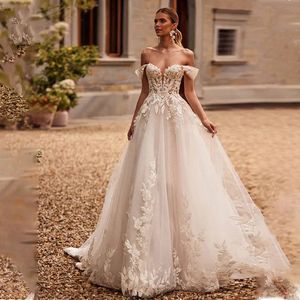 Charming Off The Shoulder 3D Flower Lace Applique A Line Wedding Dresses Custom Made