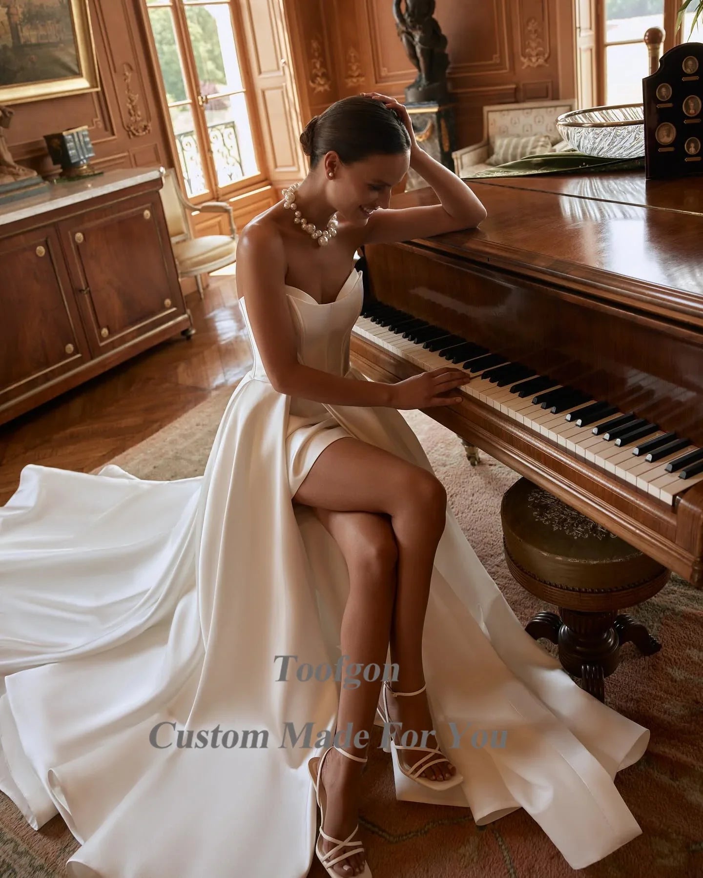 Toofgon Satin Wedding Dresses Detachable Long Sleeves Gowns