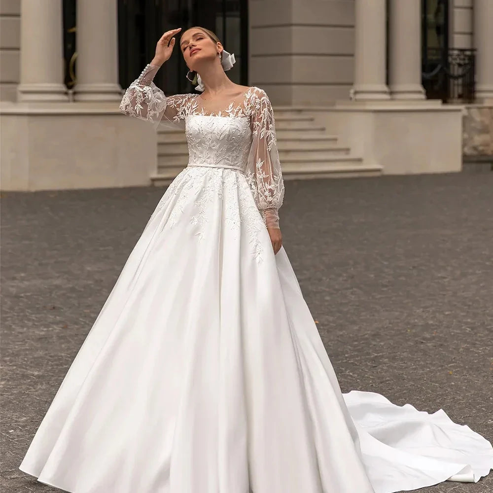 Classic Wedding Dresses Women O-Neck Full Sleeves Bride Gown Applique A-Line Occasion