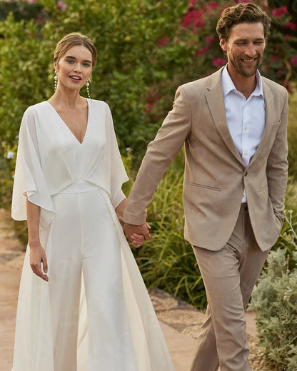 Customized Holy White Wedding Dresses Pants Suite Bridal Gowns V Neckline Beach Jumpsuit Backless 3/4 Sleeves