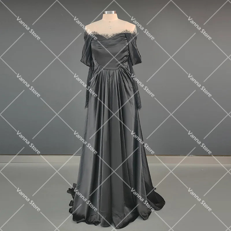 Customized Illusion Tulle Off Shoulder Lace Wedding Gowns A Line Long Sleeves Ruched Satin Bridal Dress