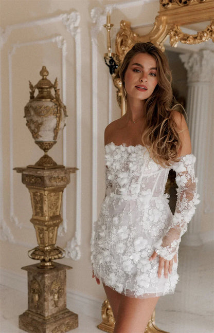 Customized Beaded Mini 3D Flower Wedding Dress Off Shoulder Detachable Sleeves Lace-Up Back Bridal Gown