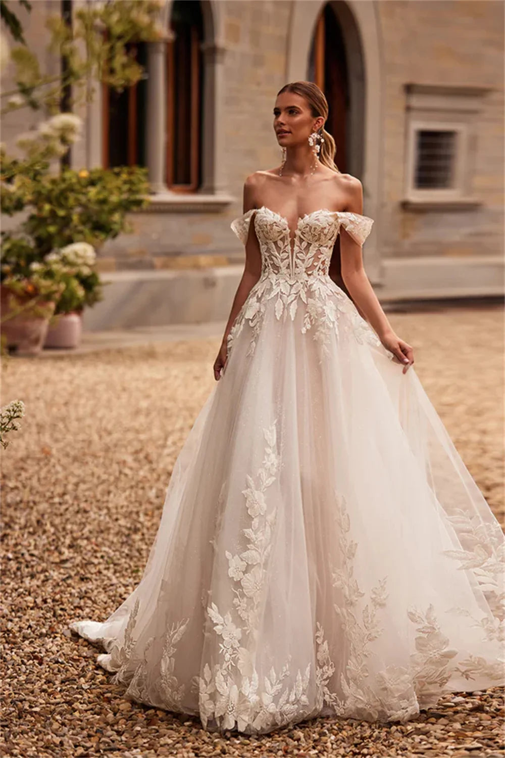 Charming Off The Shoulder 3D Flower Lace Applique A Line Wedding Dresses Custom Made