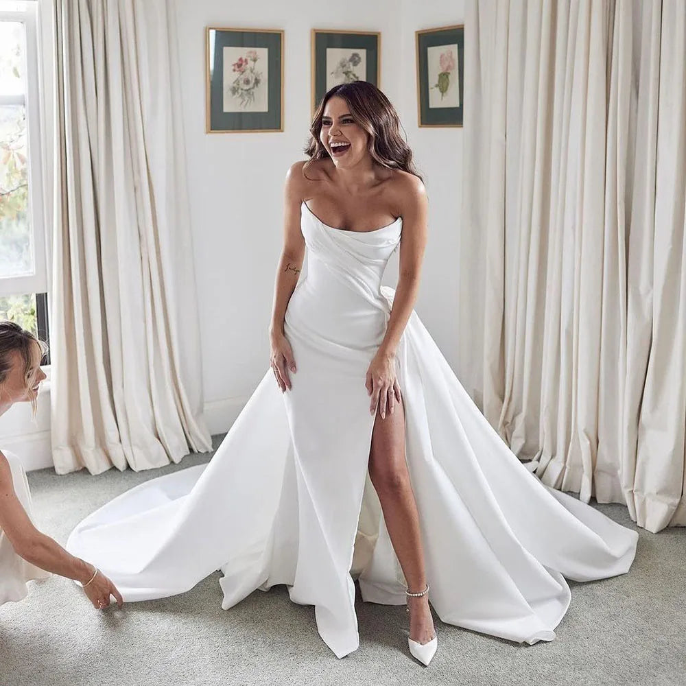 Sexy Satin Wedding Dresses With Train Sweetheart Slit Gowns