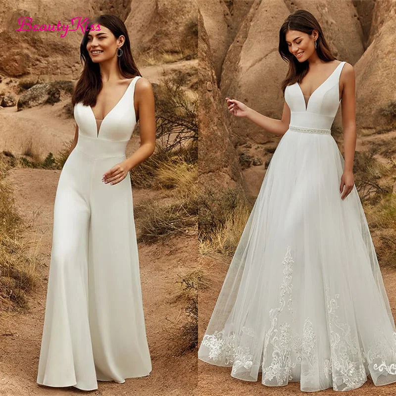 2 In 1 Wedding Jumpsuit With Detachable Skirt Bridal Dress