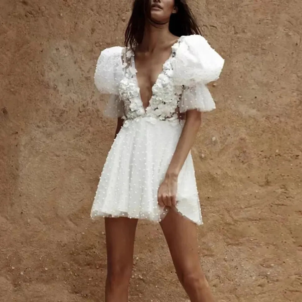 Customized Short Wedding Dress With Plunging V-Neck Pearls Flowers Mini Bridal Gown