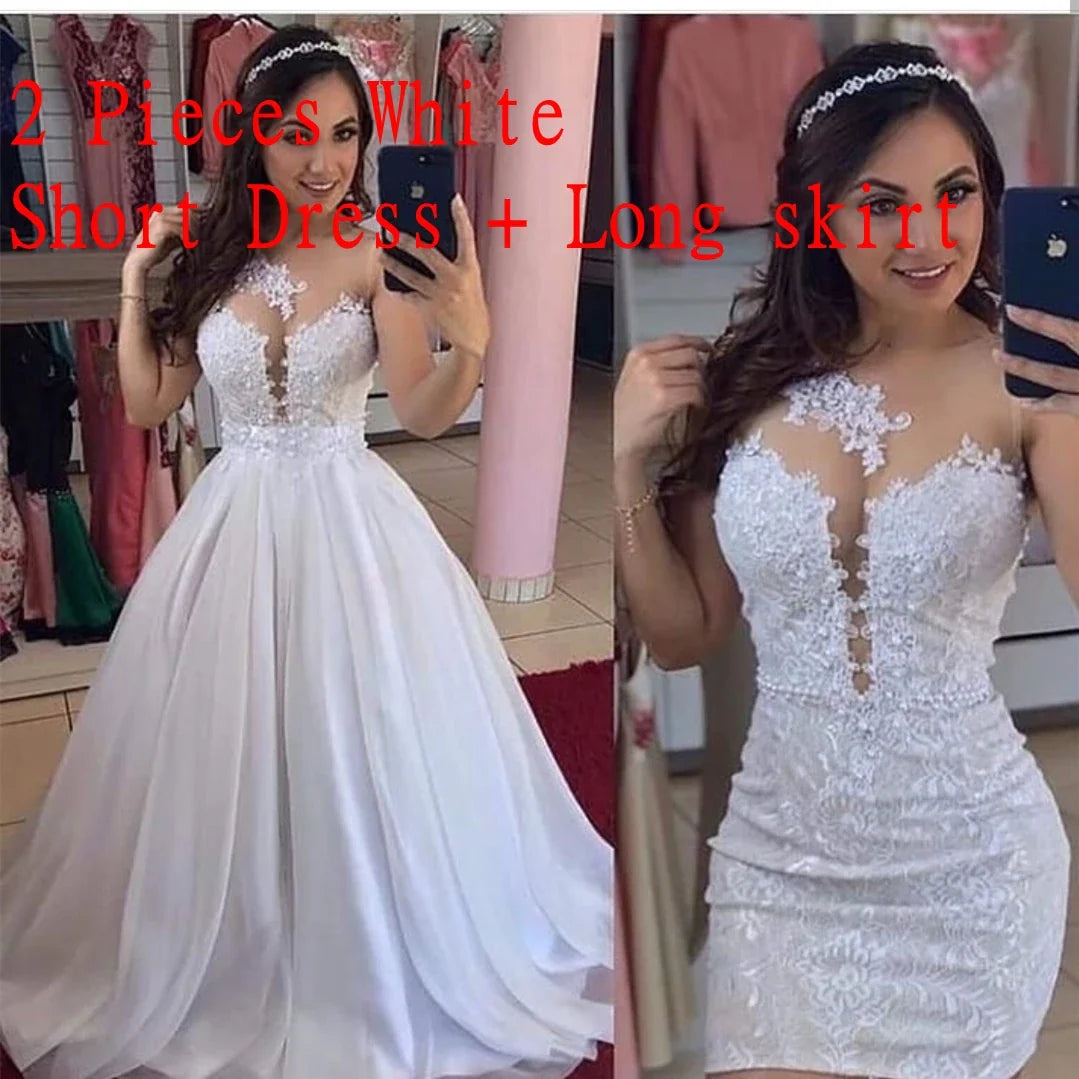 Short Sheath Lace 2 in 1 Wedding Dresses with Detachable Skirt Two Pieces Pearls Bridal Gowns
