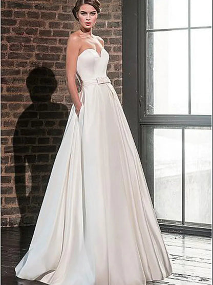 2 Pieces Sweetheart Satin Wedding Dresses A-Line Long Sleeve