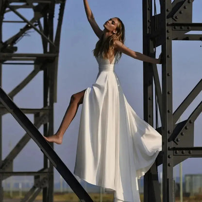 Customized Simple A-Line Wedding Dress With Pocket Satin Elegance