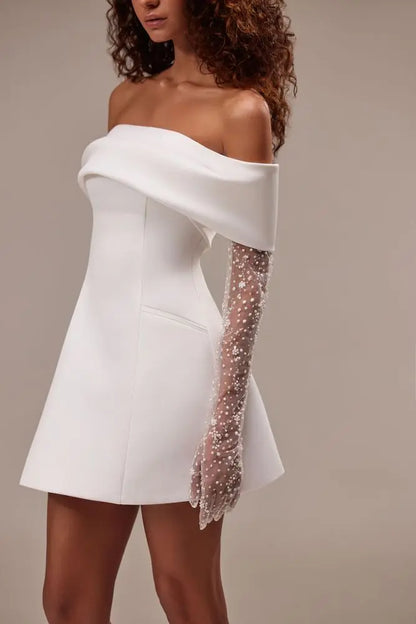 Sophisticated Off-the-Shoulder Satin Short Mini Wedding Dresses